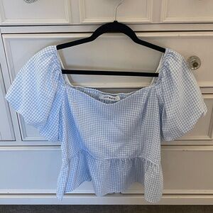 Lily White Light Blue Gingham Peplum Off-Shoulder Blouse